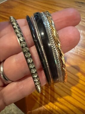 Mixed Metal and Black Bangle Stack - Sparkle Accent